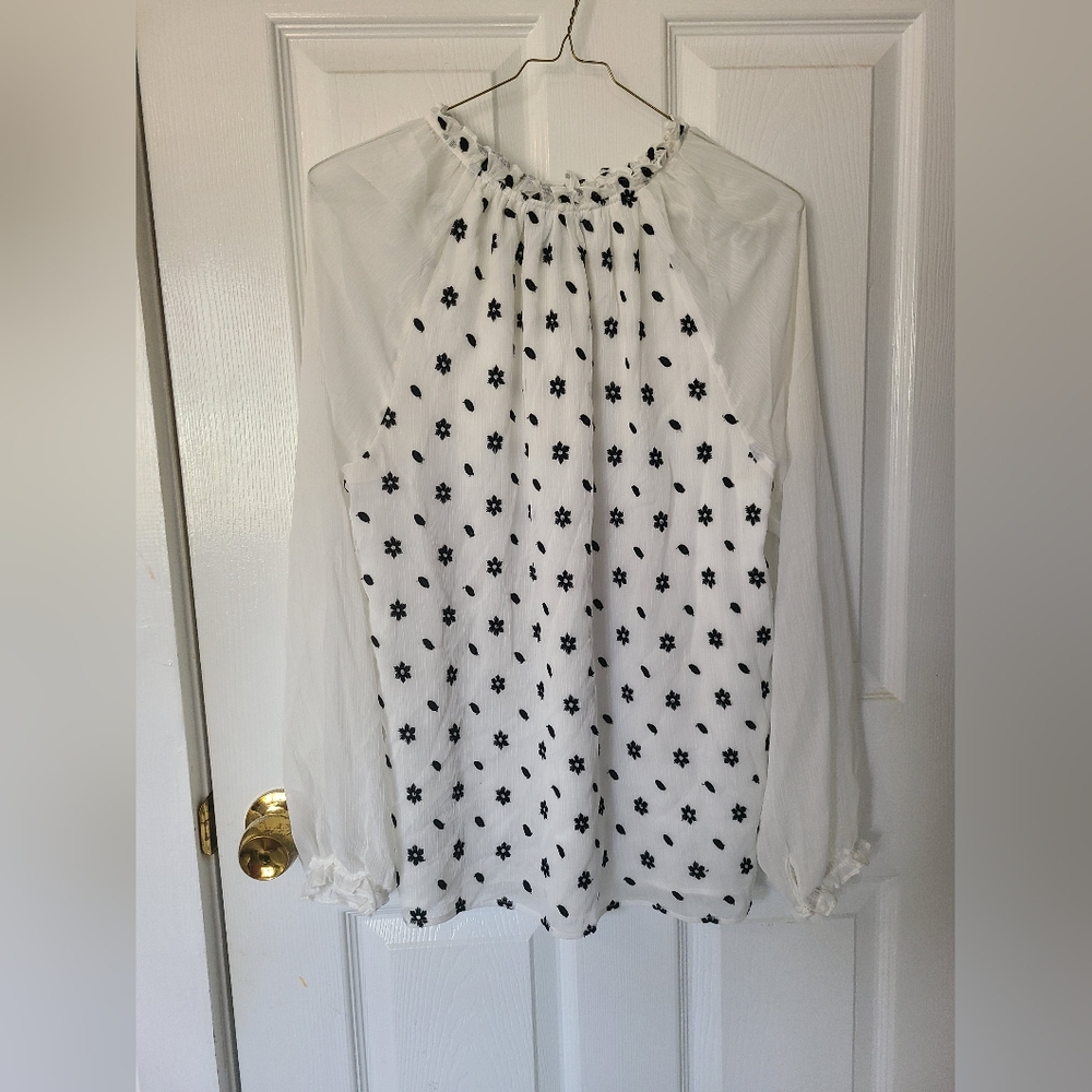 CeCe White Blouse with Black Floral Design
